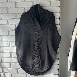 Dark grey Cable-Knit Shawl Collar Sweater Poncho with side buttons